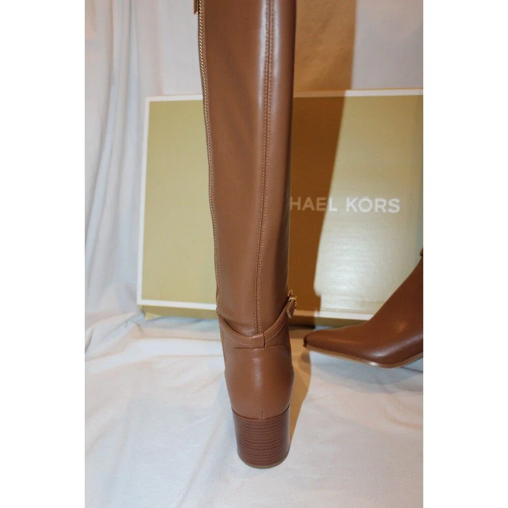 Michael Kors Ella Women's Block Heel Boots NIB 7 WIDE LUGGAGE BROWN LEATHER